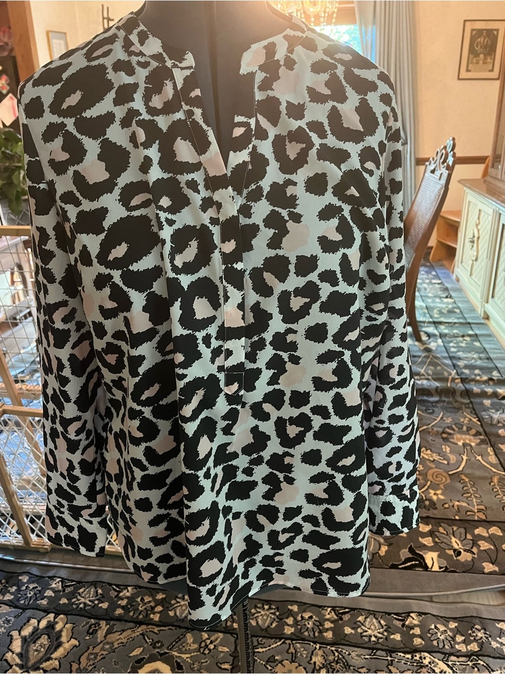 Talbot’s Black, Pink and White Leopard Print V-Neck Blouse